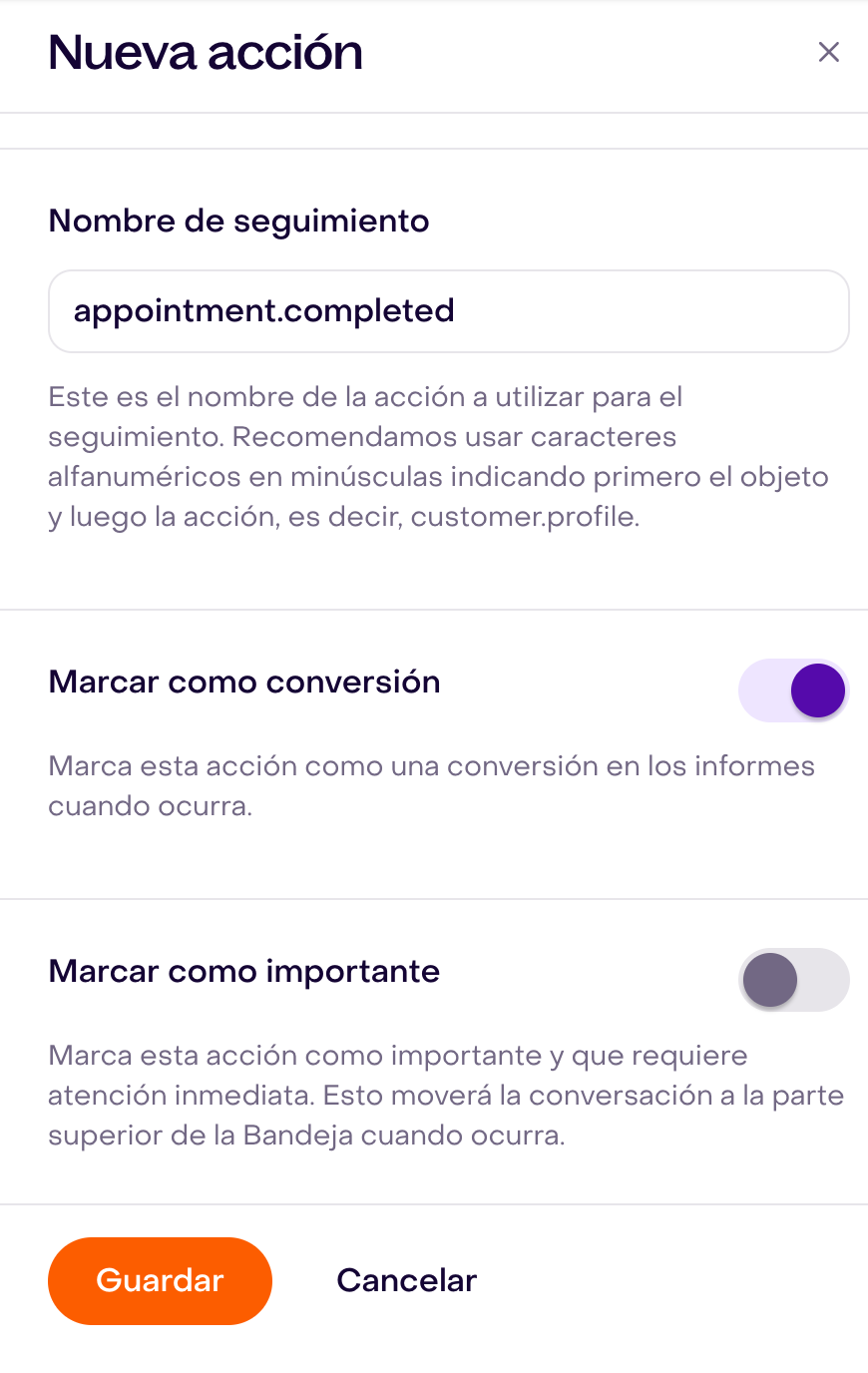 Formulario Nueva acción sin guardar: Nombre de seguimiento appointment.completed, Marcar como conversión activado y Marcar como importante desactivado.