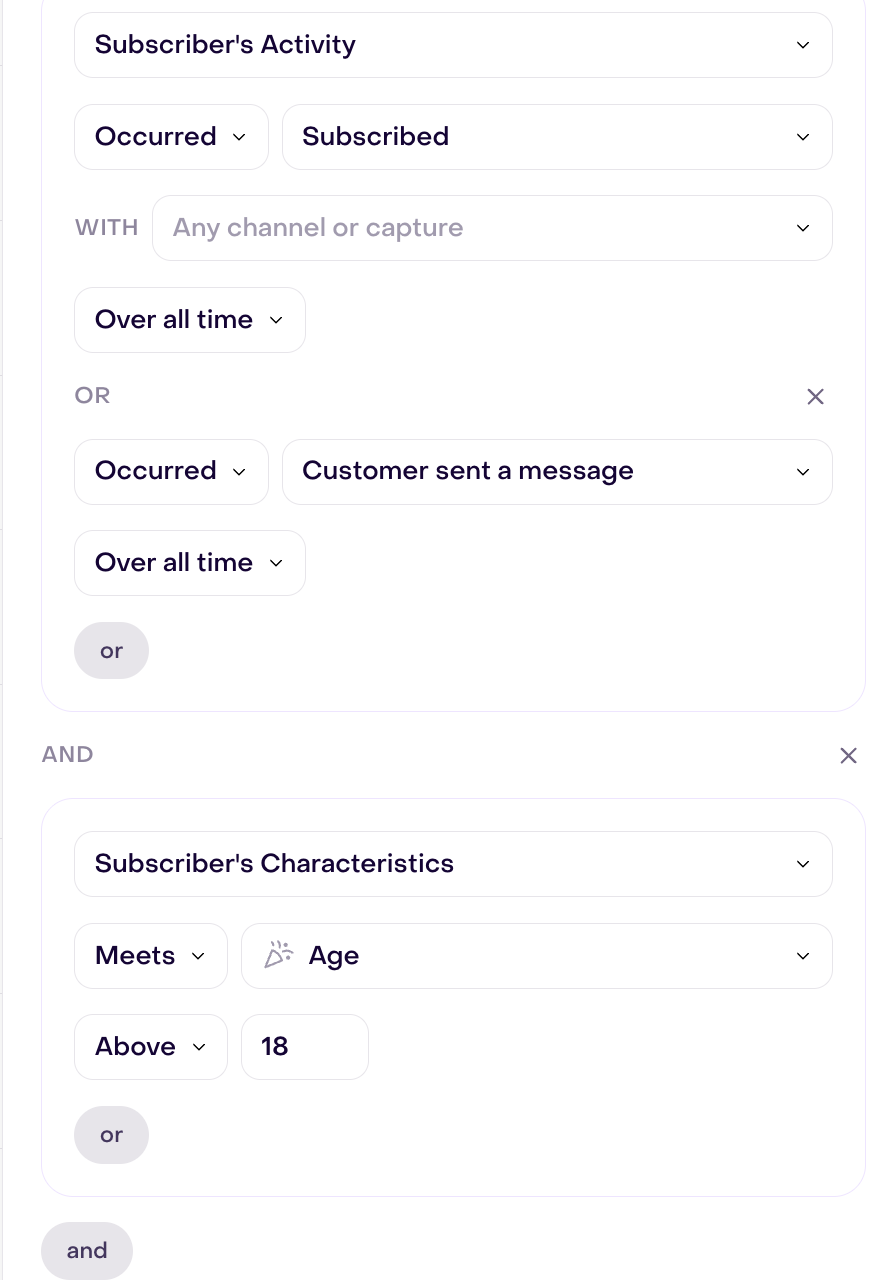 Subscriber's Activity block with Subscribed OR Customer sent a message; below it, AND connects a Subscriber's Characteristics block with Age above 18.